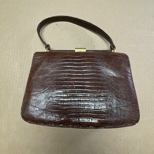 Vintage 50s Palizzio New York Brown Lizard Skin Top Handle Handbag Purse Kelly
